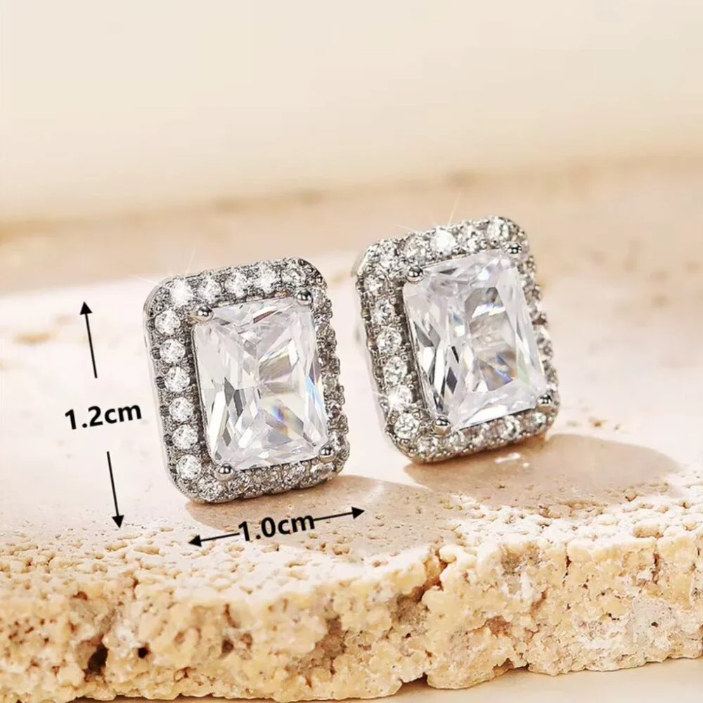 925 Sterling Silver Diamond Emerald Cut Stud Earrings_6